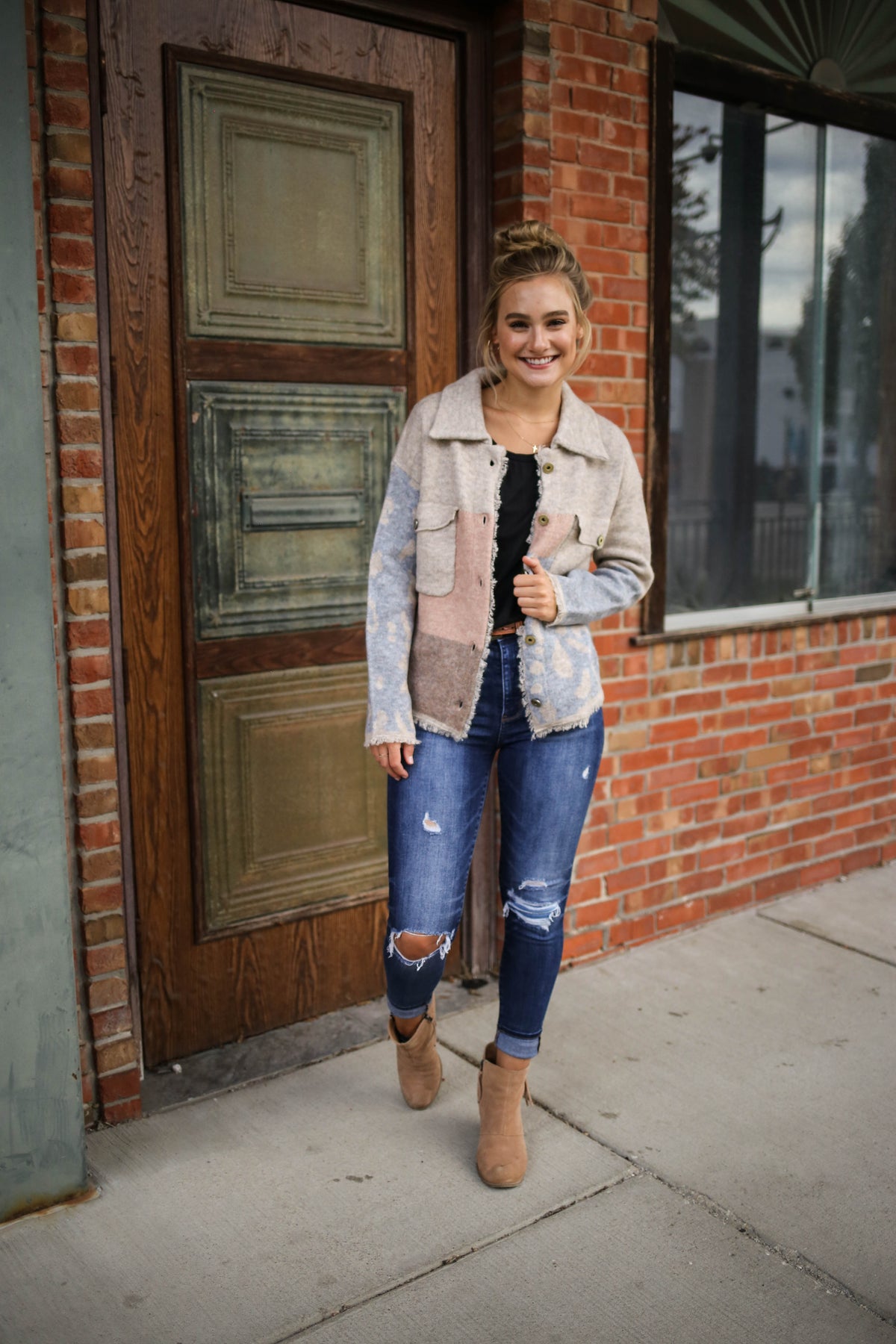 Womens Taupe Mixed Print Sweater Jacket | Boutique Elise | Wendy Hem & Thread