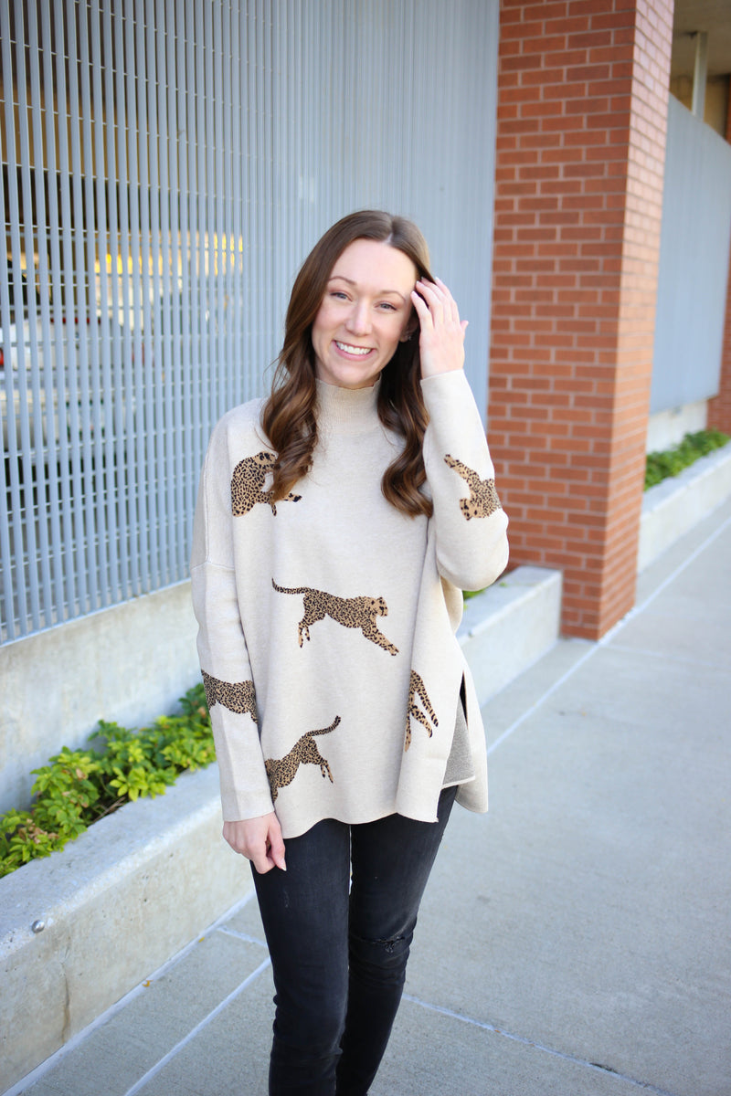 Oatmeal Cheetah Print Mock Neck Top