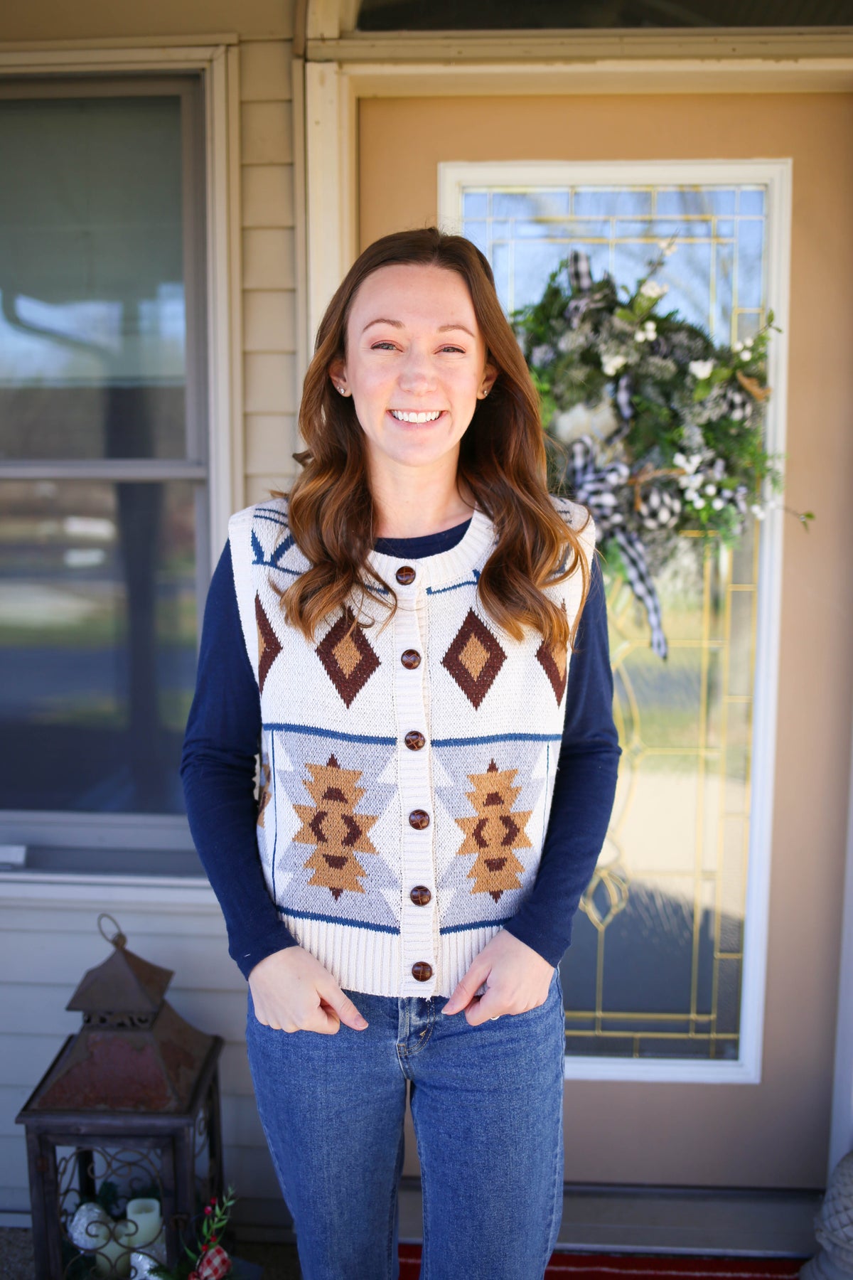 Cream Brown and Blue Printed Knit Vest | Boutique Elise | Brecklyn Very J