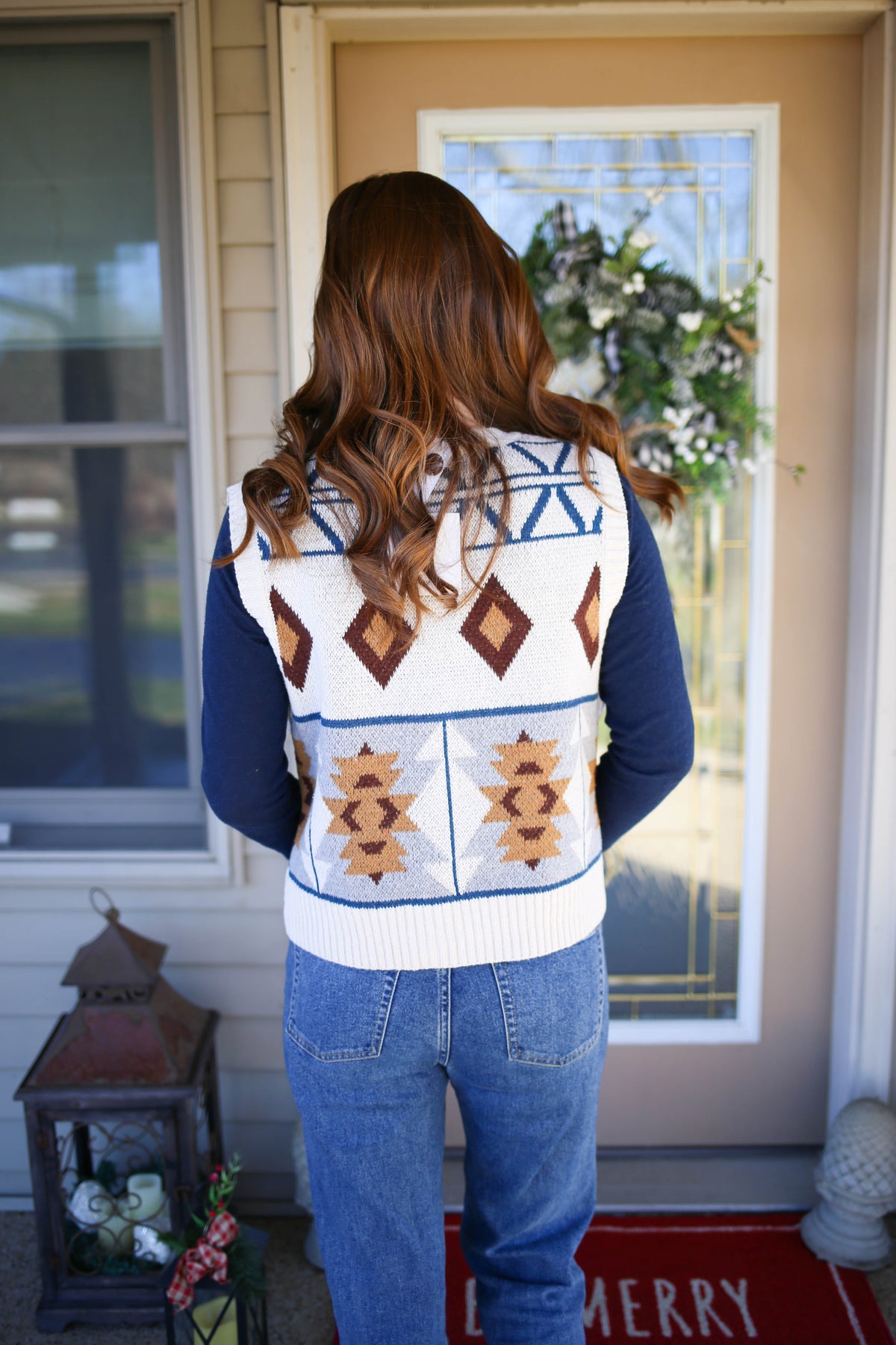 Cream Brown and Blue Printed Knit Vest | Boutique Elise | Brecklyn Very J