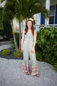 sage print and smocked detail jumpsuit