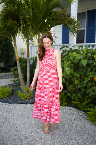Red and Pink Printed Midi Dress | Boutique Elise | Rebecca Entro