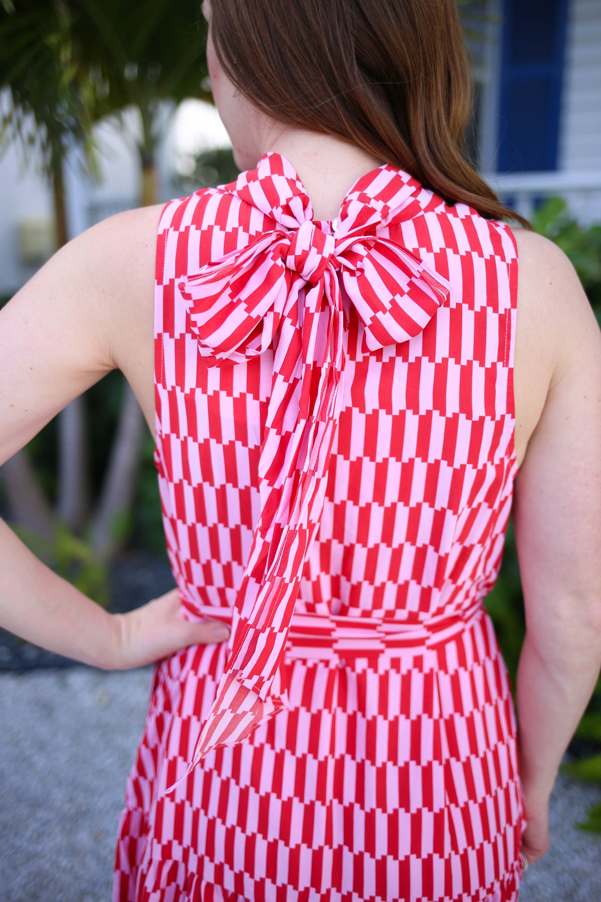 Red and Pink Printed Midi Dress | Boutique Elise | Rebecca Entro