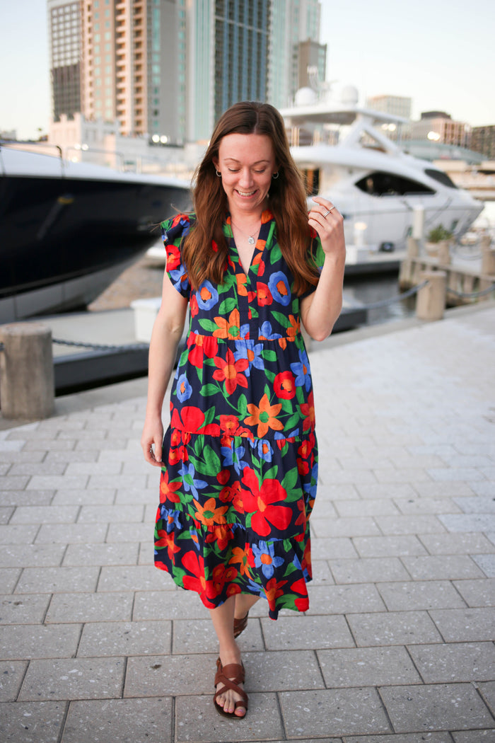 Navy bold floral print midi dress