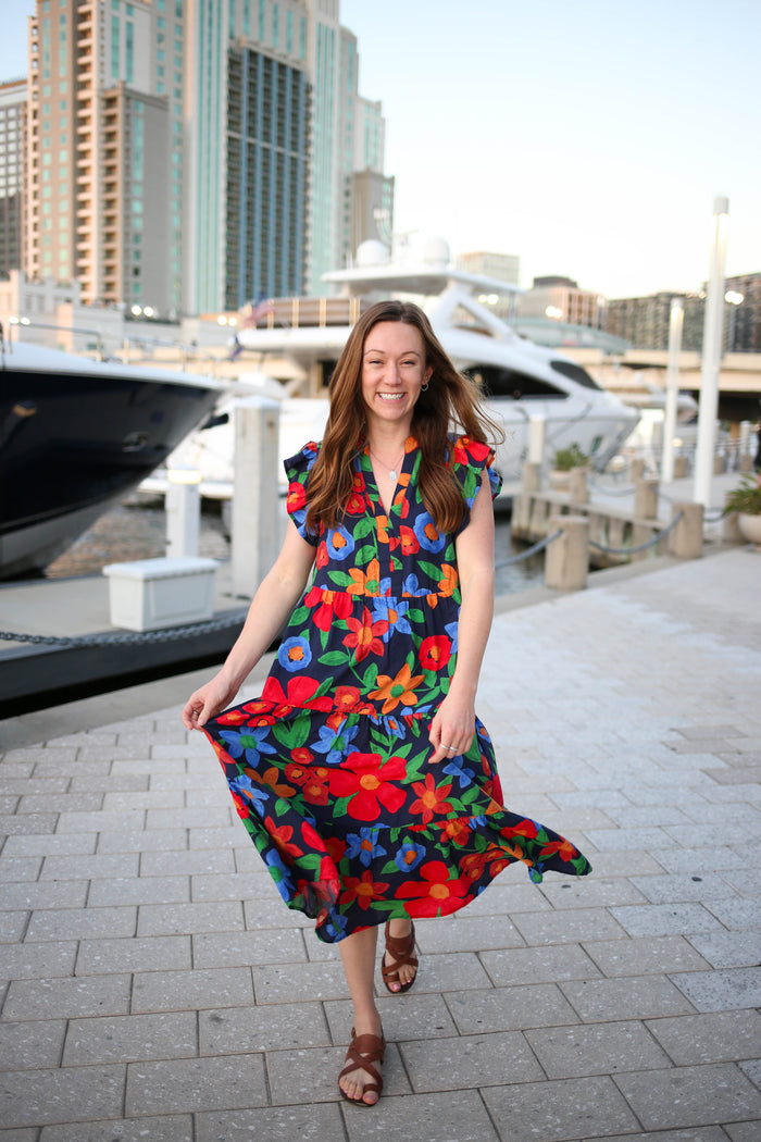 Navy Bold Floral Print Midi Dress | Boutique Elise | Rhianna Entro