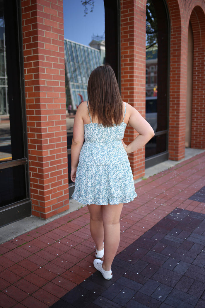 Slate Blue Daisy Print Ruched Detail Dress | Boutique Elise | Stella She+Sky