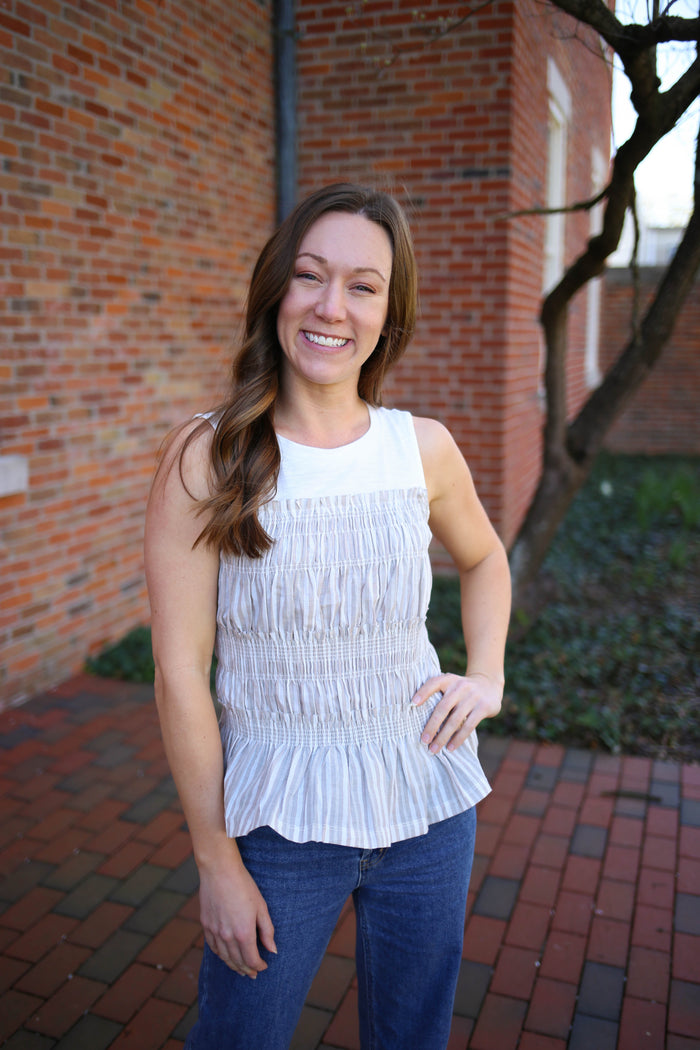 Neutral Smocked Detail Sleeveless Tank Top | Boutique Elise | Rylee Mystree