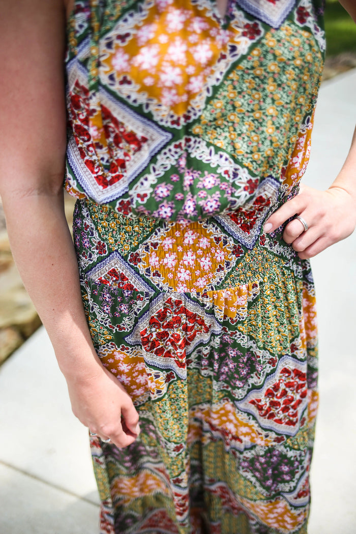 Womens Green Goddess Patchwork Dress | Boutique Elise