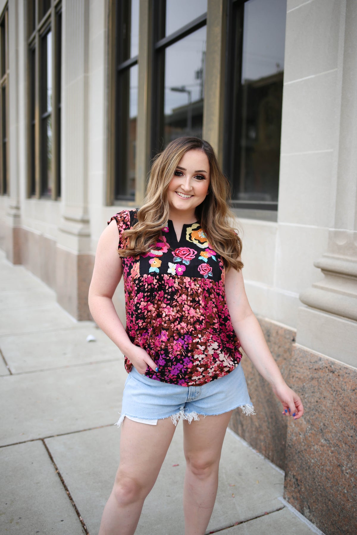 Black and Pink Embroidery Floral Print Top | Boutique Elise | Maddie andree