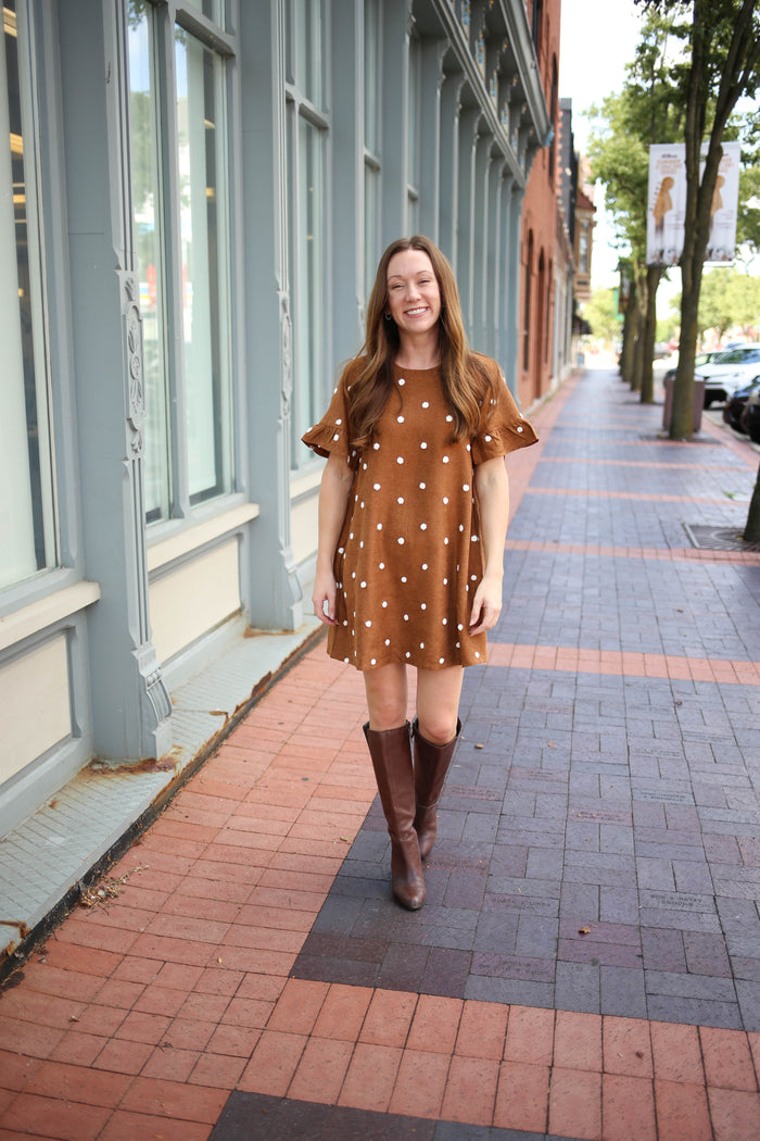 Camel and Ivory Dot Detail Corduroy Dress | Boutique Elise | Nell Very J