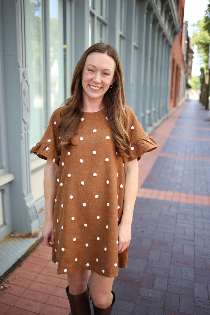 Camel and Ivory Dot Detail Corduroy Dress