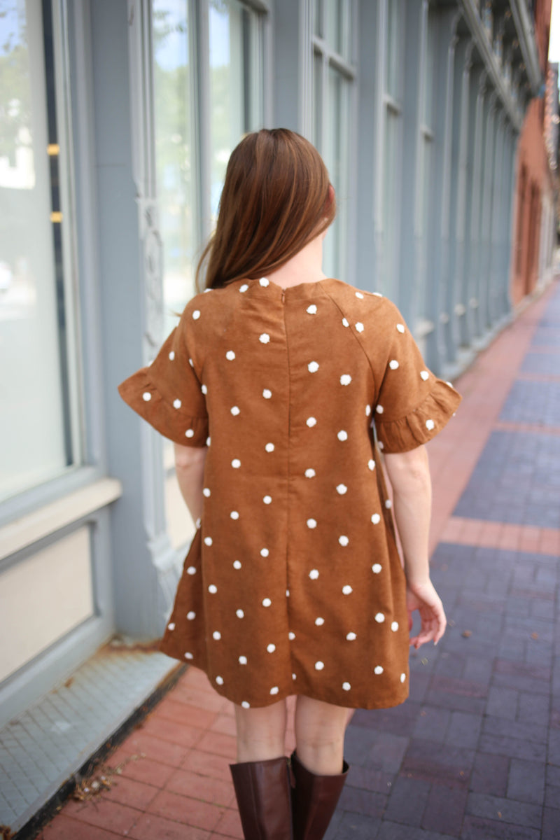 Camel and Ivory Dot Detail Corduroy Dress | Boutique Elise | Nell Very J