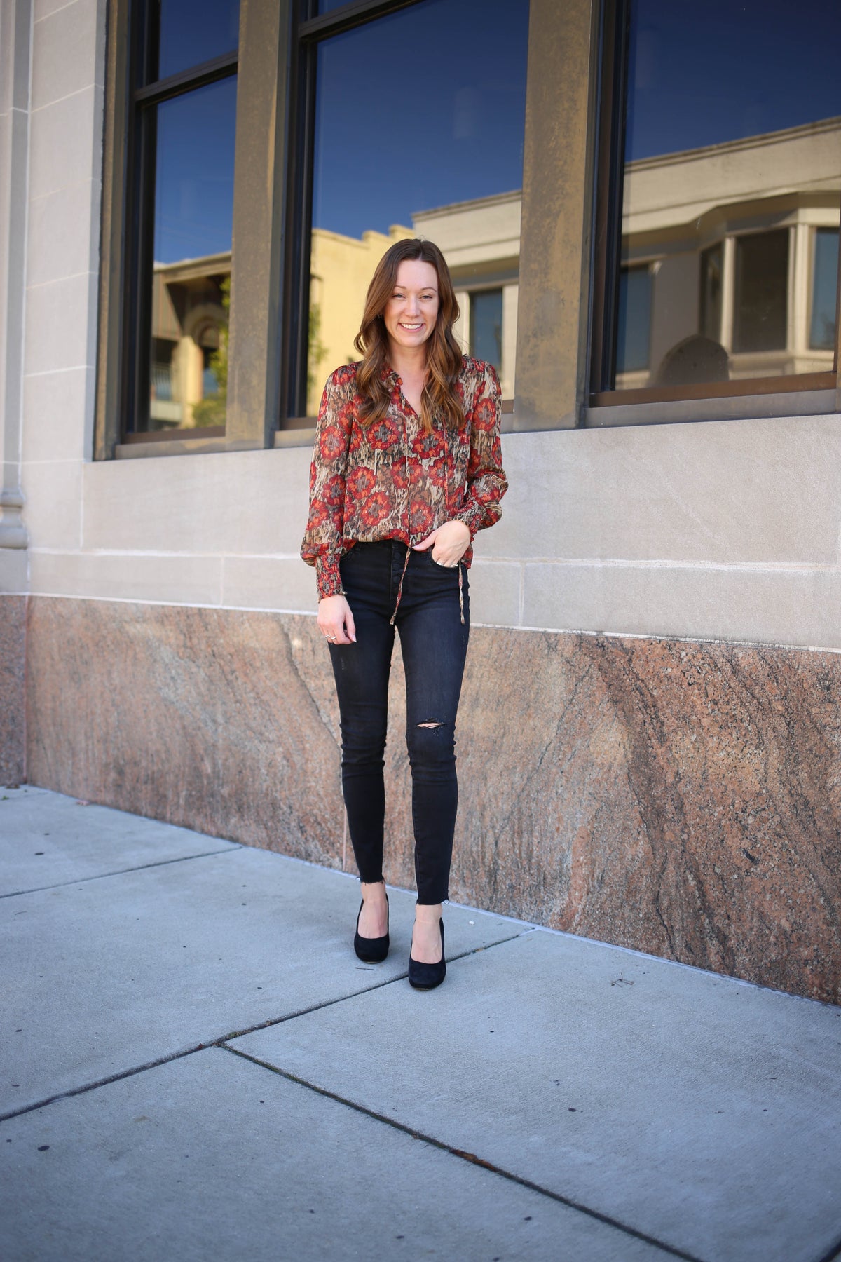 olive and red floral print lux top
