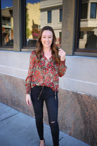 olive and red floral print lux top
