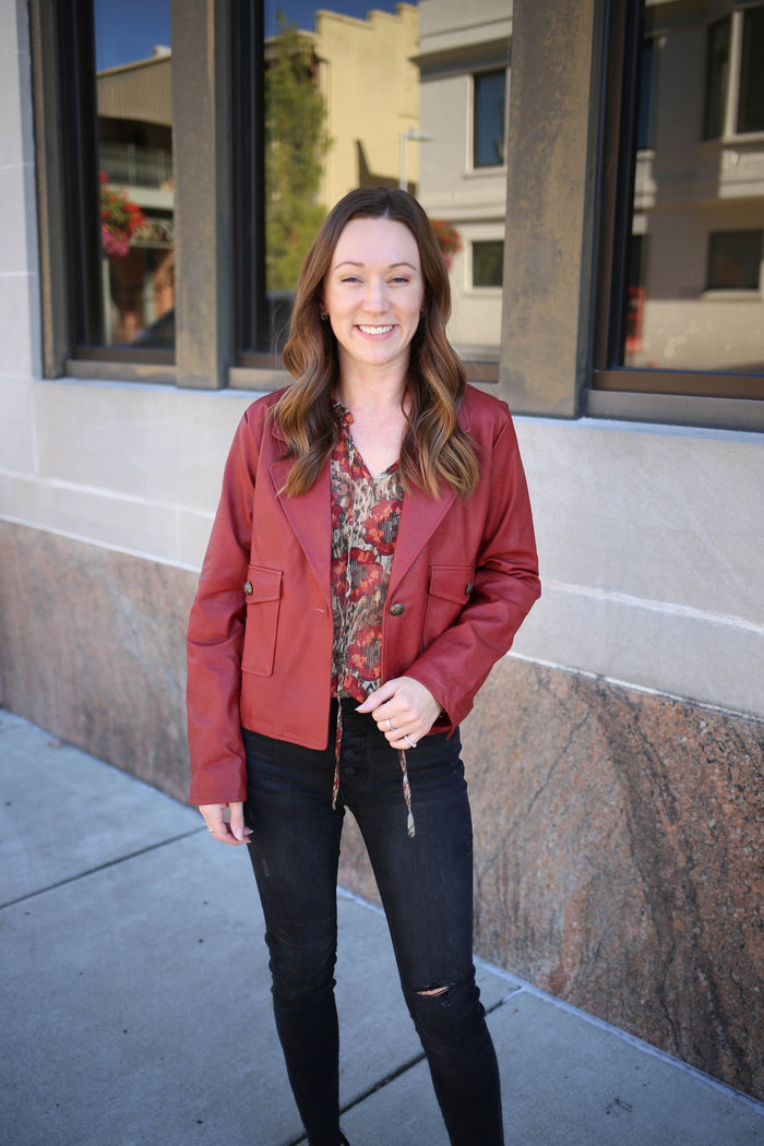womens red faux leather jacket