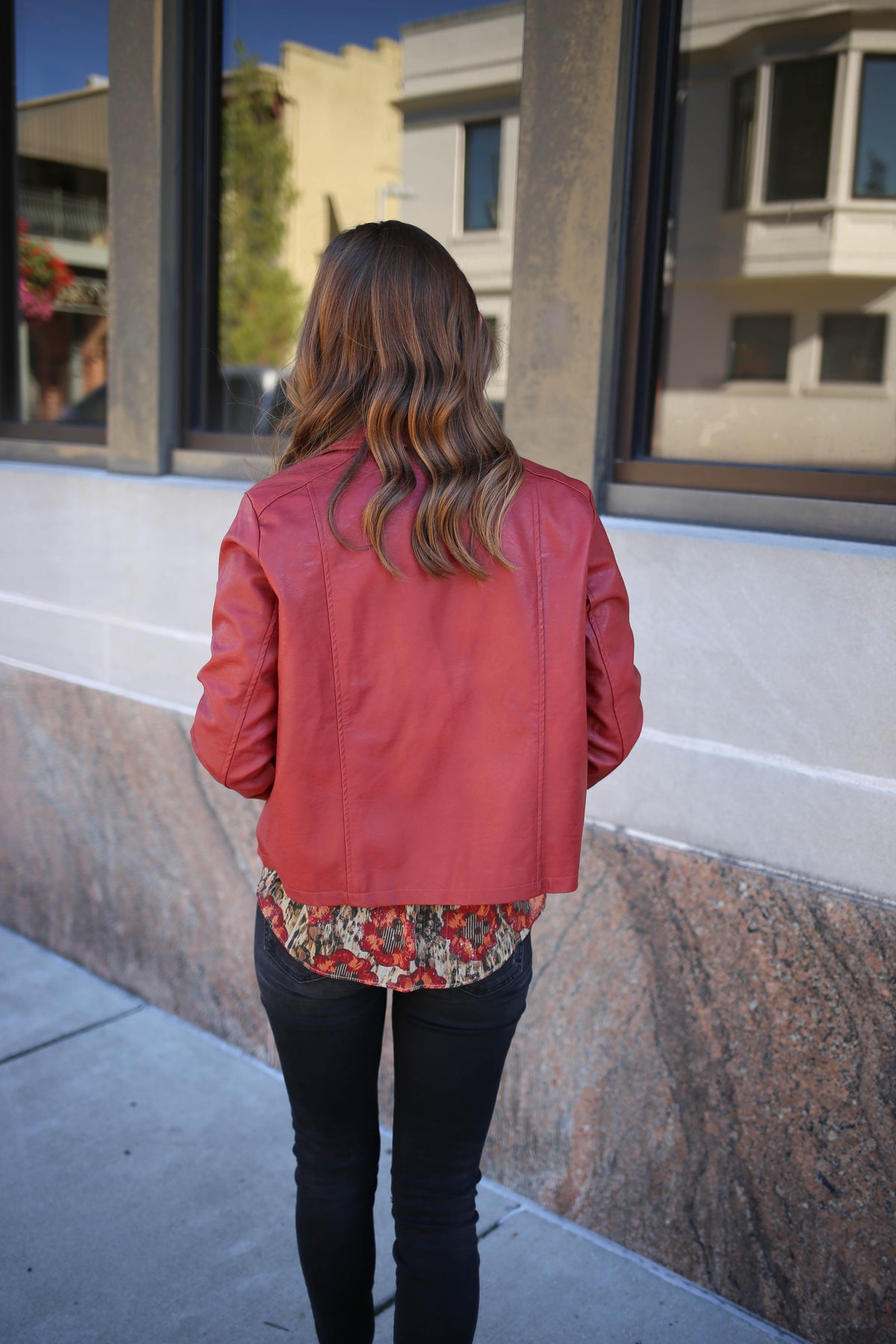 womens red faux leather jacket
