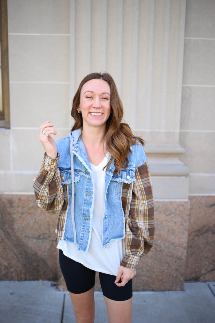 Denim and Mixed Brown Plaid Crop Jacket | Boutique Elise | Aria oli hali