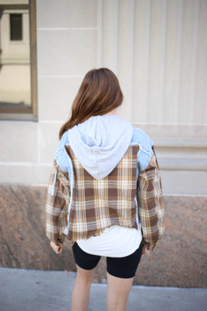 Denim and Mixed Brown Plaid Crop Jacket | Boutique Elise | Aria oli hali