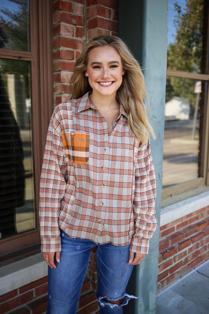 Womens Brown and Orange Patchwork Flannel Shirt | Boutique Elise | Olson papermoon