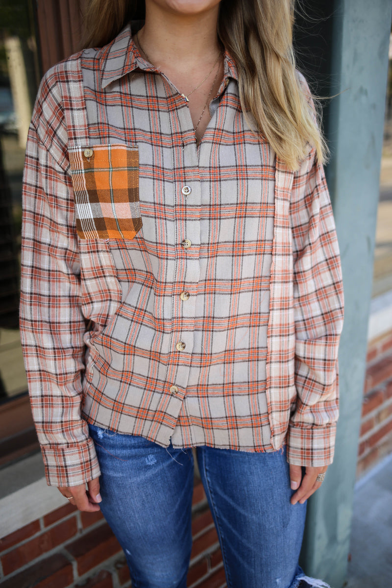 Womens Brown and Orange Patchwork Flannel Shirt | Boutique Elise | Olson papermoon