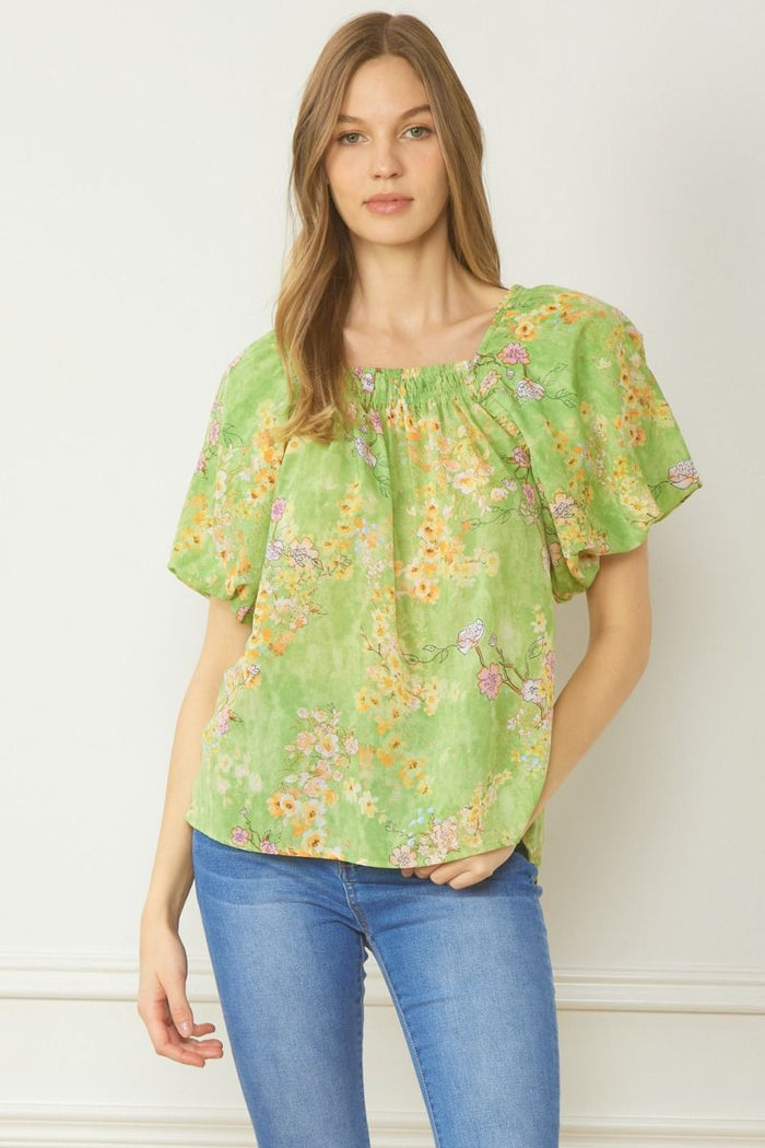 Chartreuse Floral Print Square Neckline Top | Boutique Elise | Charlie Entro