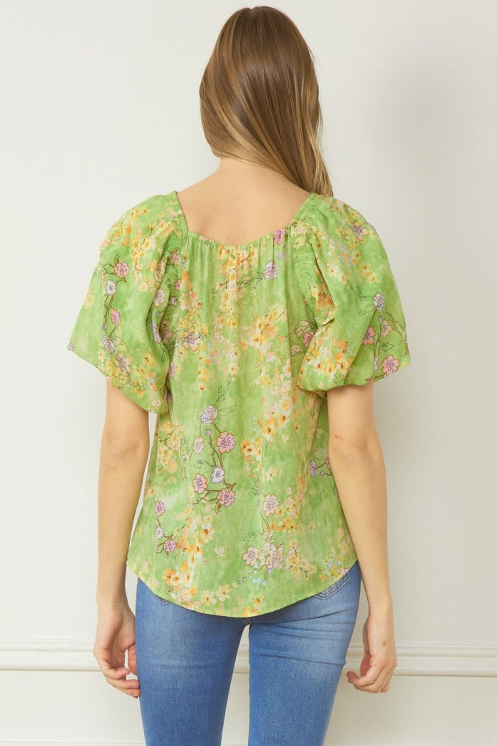 Chartreuse Floral Print Square Neckline Top | Boutique Elise | Charlie Entro