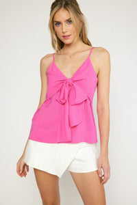 hot pink tie front spaghetti strap tank top