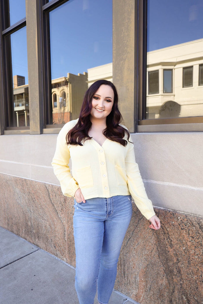 lemon cotton gauze button down cardigan