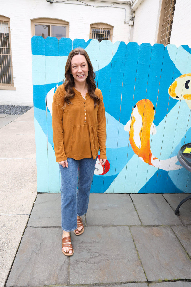 camel waffle knit long sleeve top