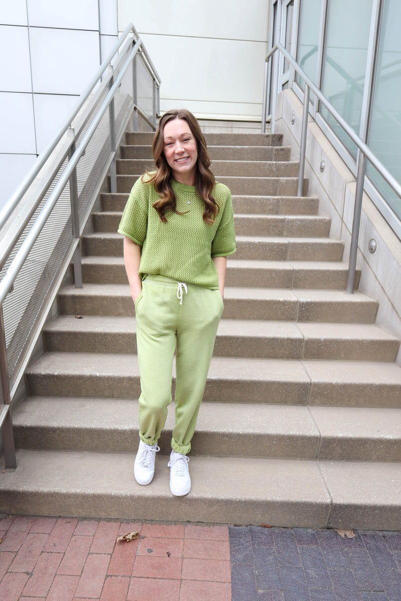 Lime Green Open Knit Short Sleeve Top | Boutique Elise | Shelby Hyfve