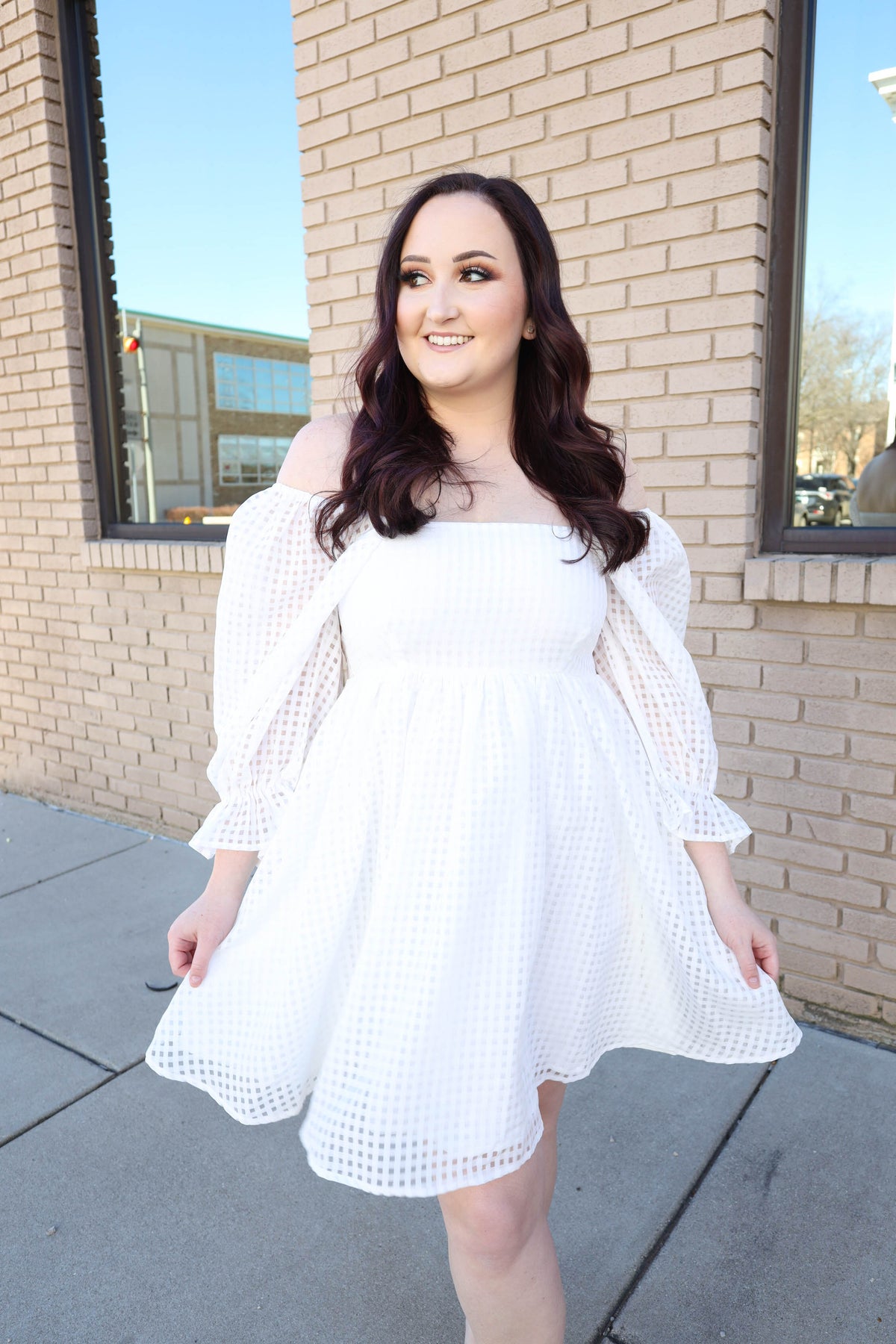 white square neckline and puff sleeve dress
