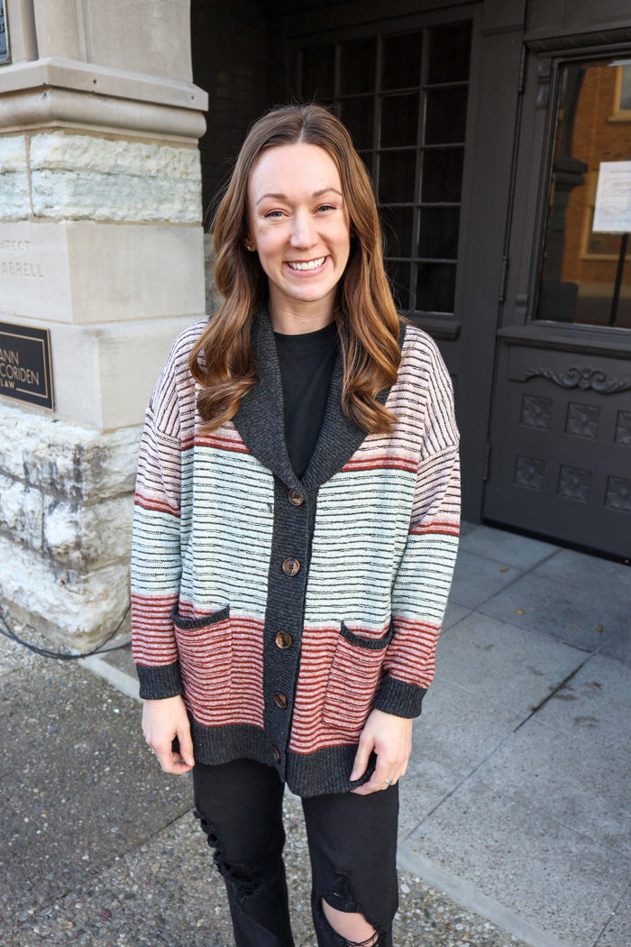 Blush and Grey Stripe Knit Cardigan | Boutique Elise | Candace Staccato