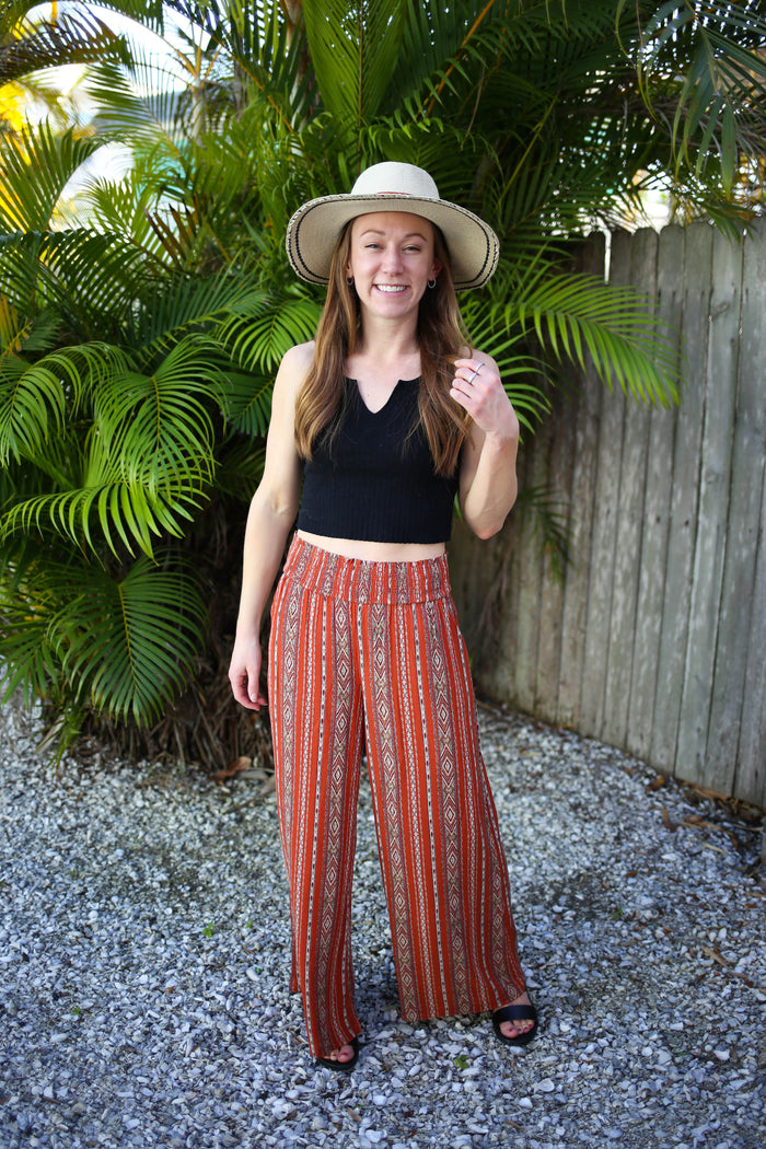 Rust Printed Wide Leg Pant | Boutique Elise | Corey cozy casual