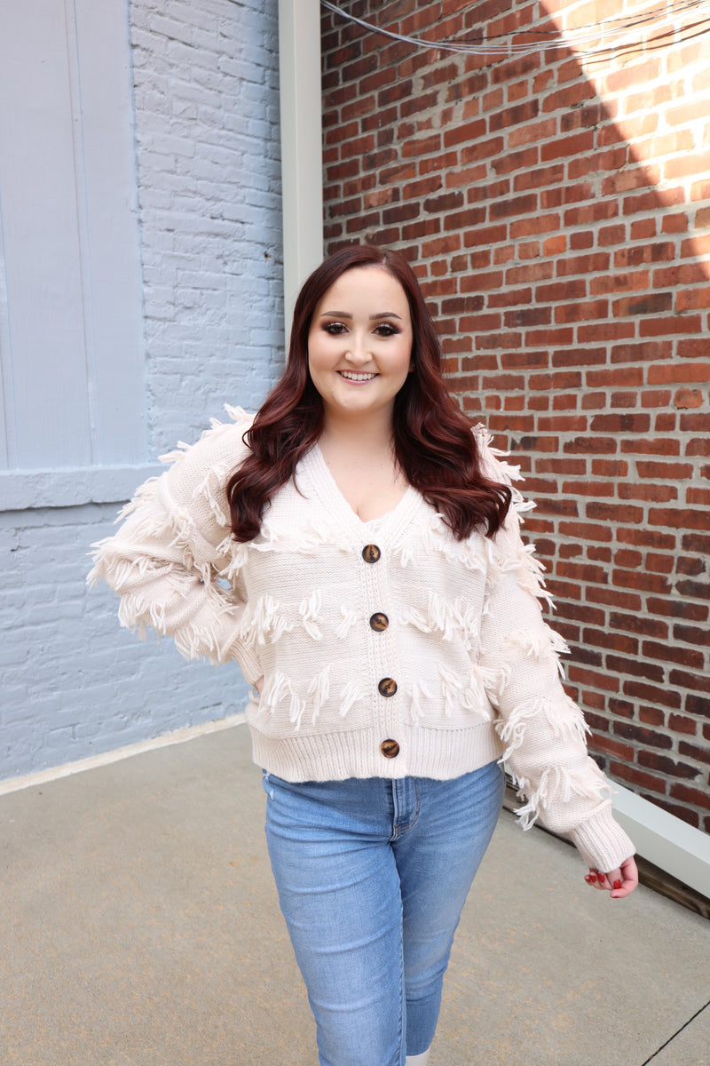 cream fringe detail button front cardigan