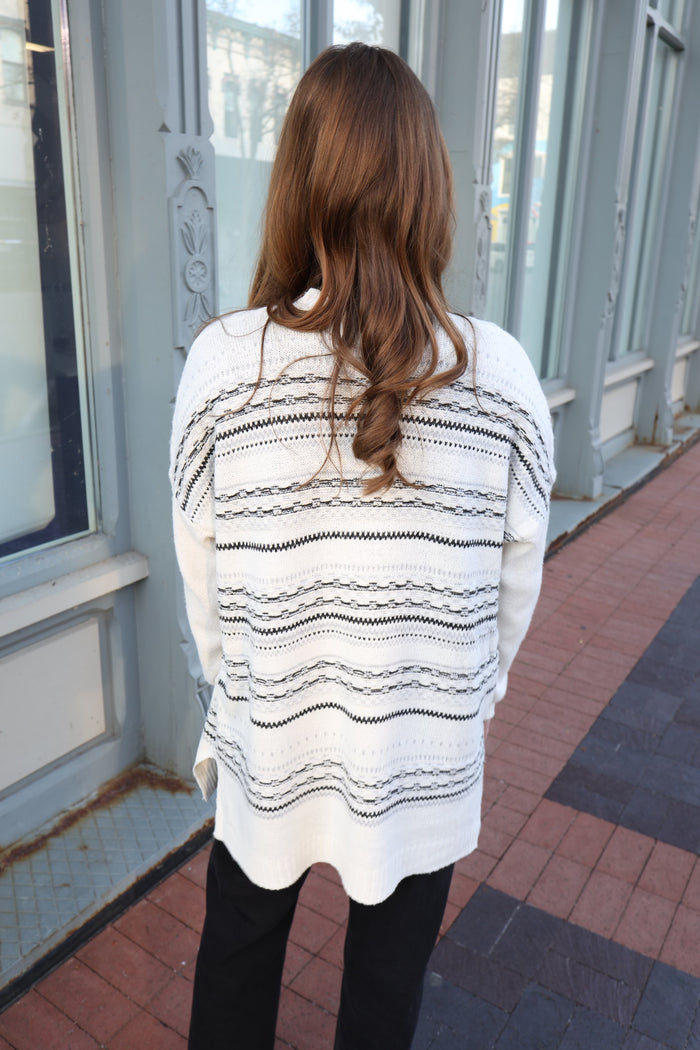 Ivory Black and Grey Aztex Knit Cardigan | Boutique Elise | Annie Staccato