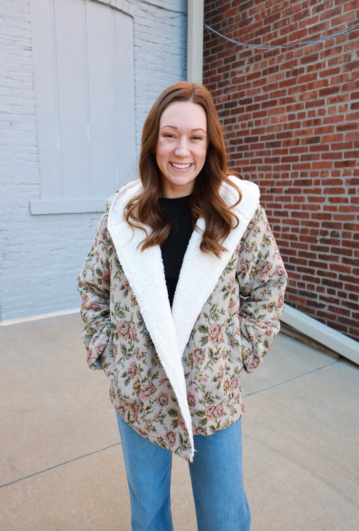 sherpa lined floral print jacket