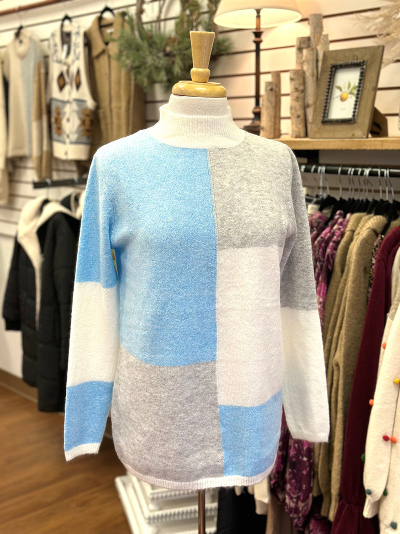 Blue and Ivory Mock Neck Sweater | Boutique Elise | Bella Staccato