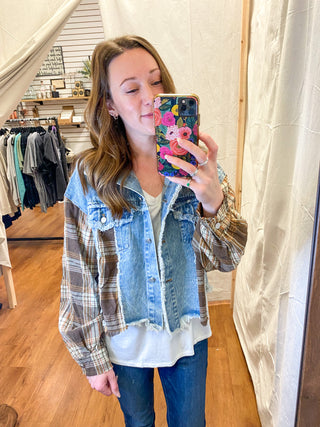 Denim and Mixed Brown Plaid Crop Jacket