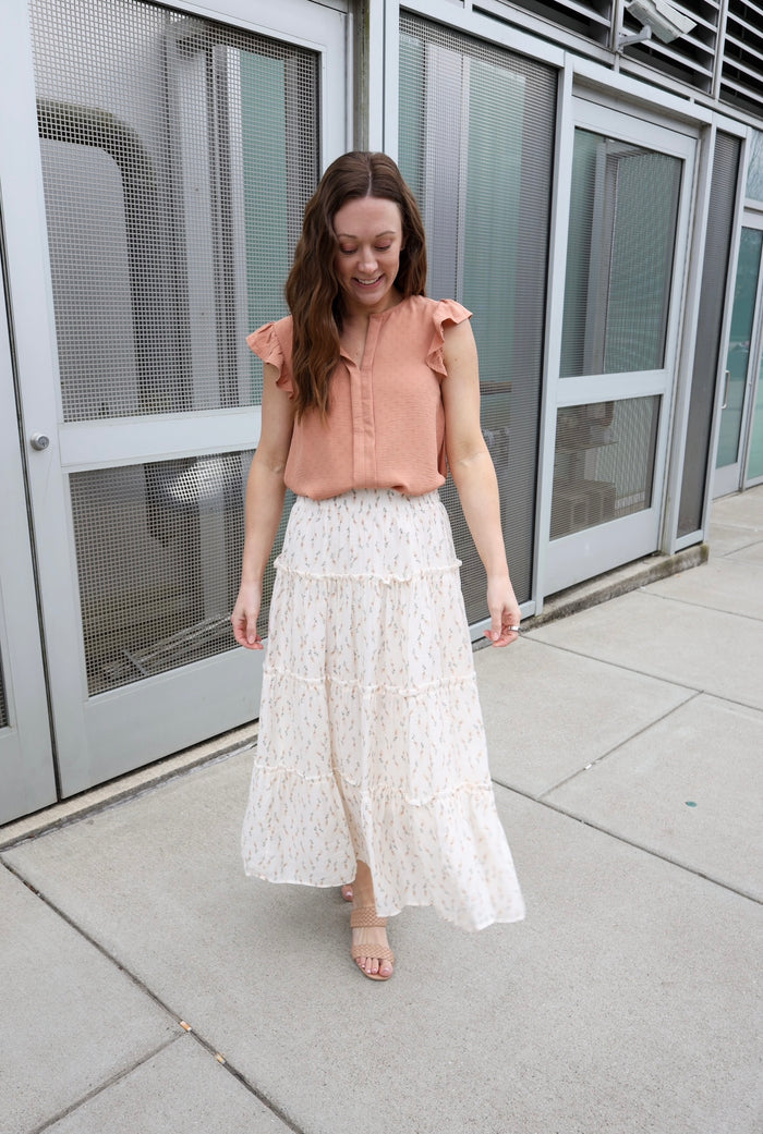 Ivory Floral Print Tiered Ruffle Midi Skirt | Boutique Elise | Sara Blu Pepper