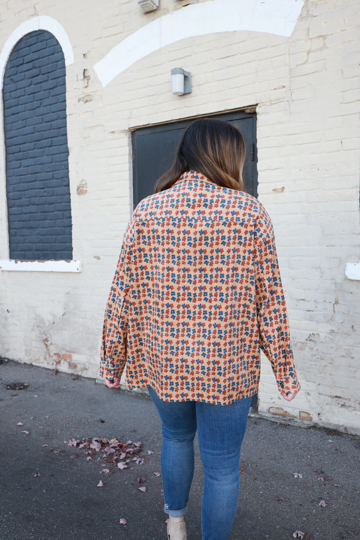 Camel and Navy Mini Floral Print Shacket | Boutique Elise | Nora Entro