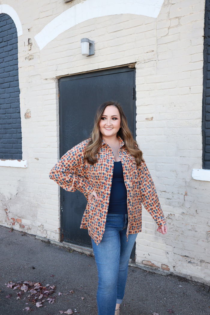Camel and Navy Mini Floral Print Shacket | Boutique Elise | Nora Entro