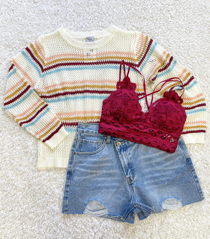 Stripe Open Knit Long Sleeve Top | Boutique Elise | Andrea cozy casual